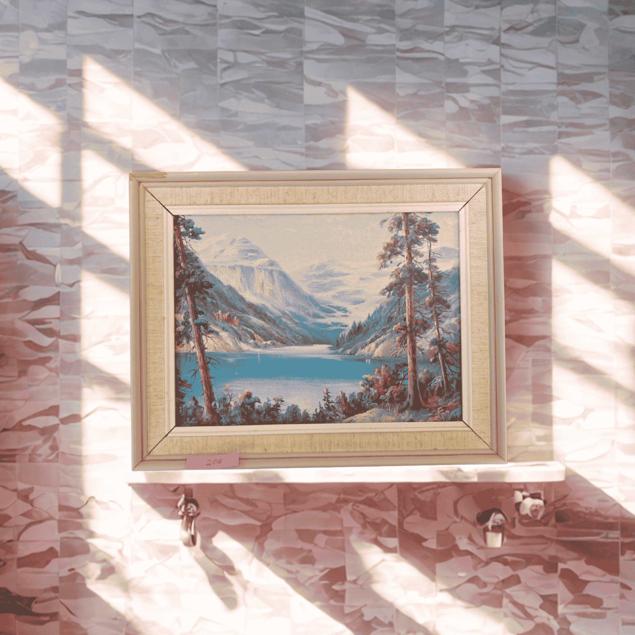 Vintage litografia Lake Louise -järvimaisemasta, tekijä William M. Thompson, kehystetty maisemataulu