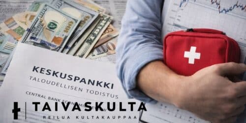 Talousasiakirjoja, dollariseteleitä ja ensiapupakkaus symboloimassa keskuspankin riskienhallintaa ja likviditeetin merkitystä.
