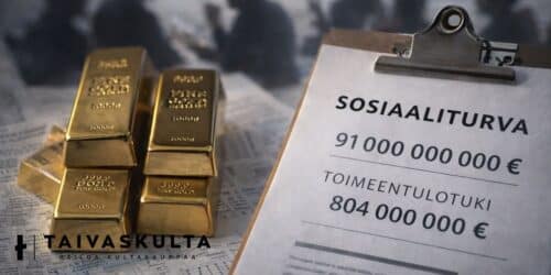 Kultaharkkoja ja sosiaaliturvaa kuvaava asiakirja talouskeskustelun symbolina Suomen Pankin kultavarantoihin liittyvässä analyysissä.