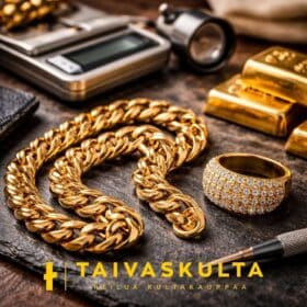 Kultaisia ketjuja, sormus ja kultaharkkoja aseteltuna pöydälle, esineet edustavat eri jalometallien käyttötarkoituksia.