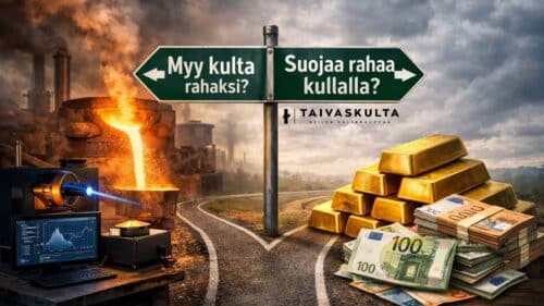 Kuva, jossa jalometalliteollisuuden sulatusprosessi ja kultaharkot symboloivat valintaa kullan myymisen ja varallisuuden suojaamisen välillä.