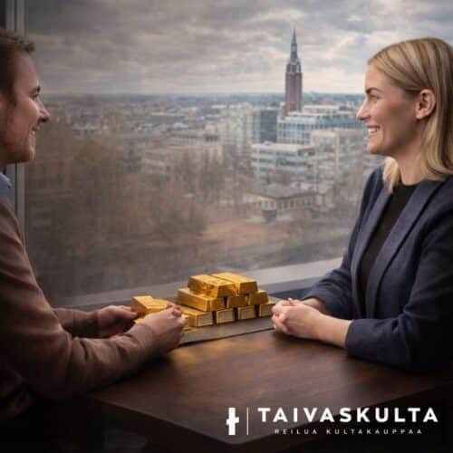 Asiakas ja asiantuntija keskustelevat pöydän ääressä kultaharkkojen kanssa, taustalla Lahden kaupunkimaisema — kuva symboloi luottamusta ja läpinäkyvää kultakauppaa.