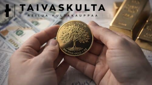 Kädet pitelevät kultakolikkoa dollarisetelien ja kultaharkkojen edessä talousaiheisessa tilanteessa.