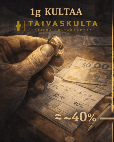 Käsi pitelemässä kultasormusta pöydän äärellä, vieressä laskelma ja euroseteleitä, symboloimassa kullan myyntiä pienessä mittakaavassa