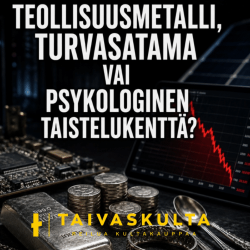 Hopeakolikot ja hopeaharkot tummalla pinnalla, taustalla punainen laskeva kurssikäyrä tabletin näytöllä, viestien hopeamarkkinoiden paniikkia ja psykologista epävarmuutta.