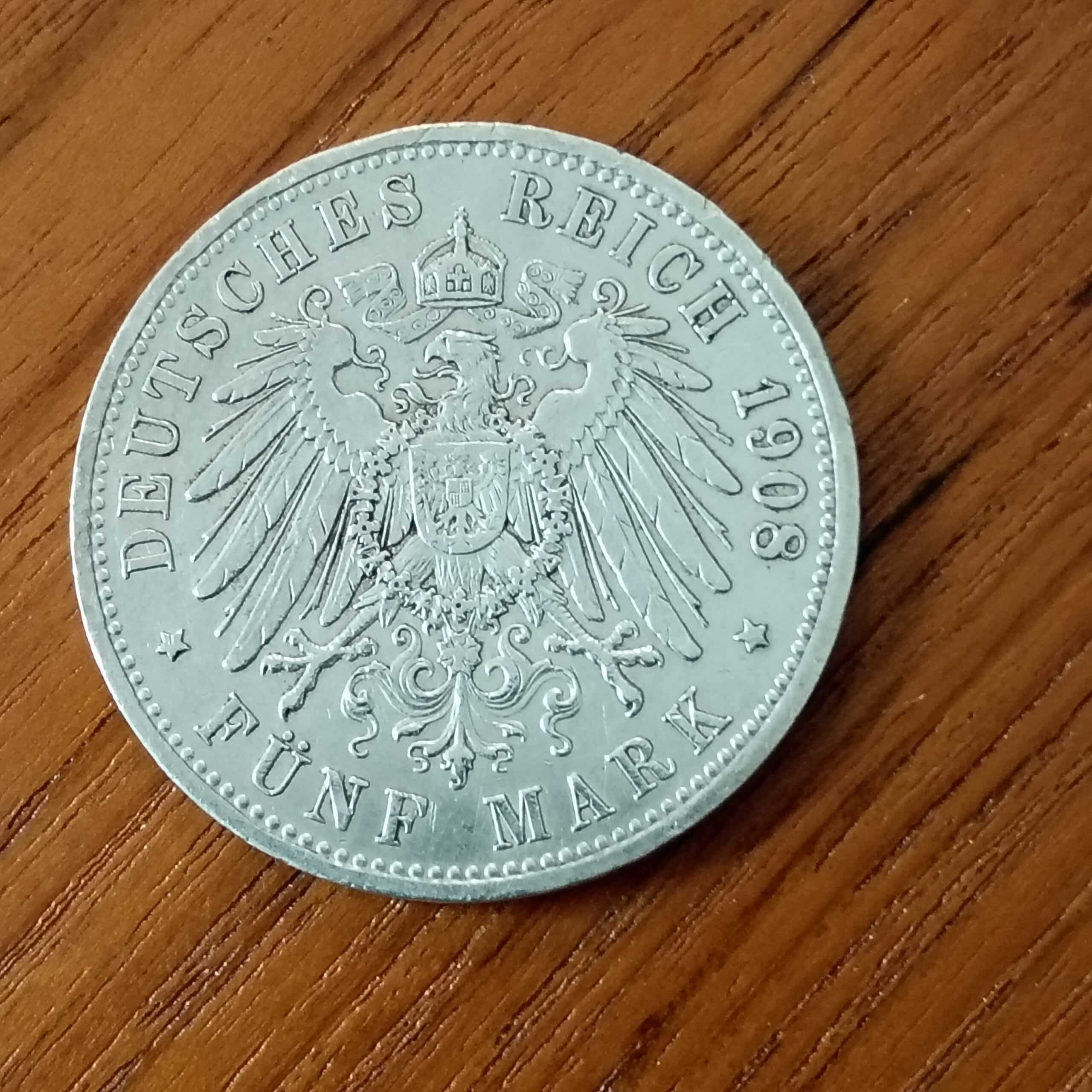 Saksa 5 Markkaa 1908 – Wilhelm II – Deutsches Reich hopearaha - Image 2